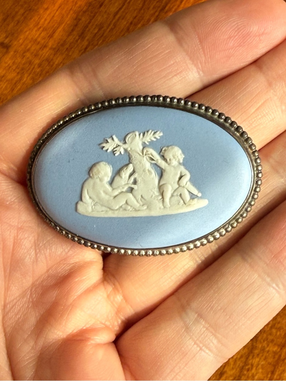 Wedgwood Ceramic Metal Blue Jasperware Brooch Cherub